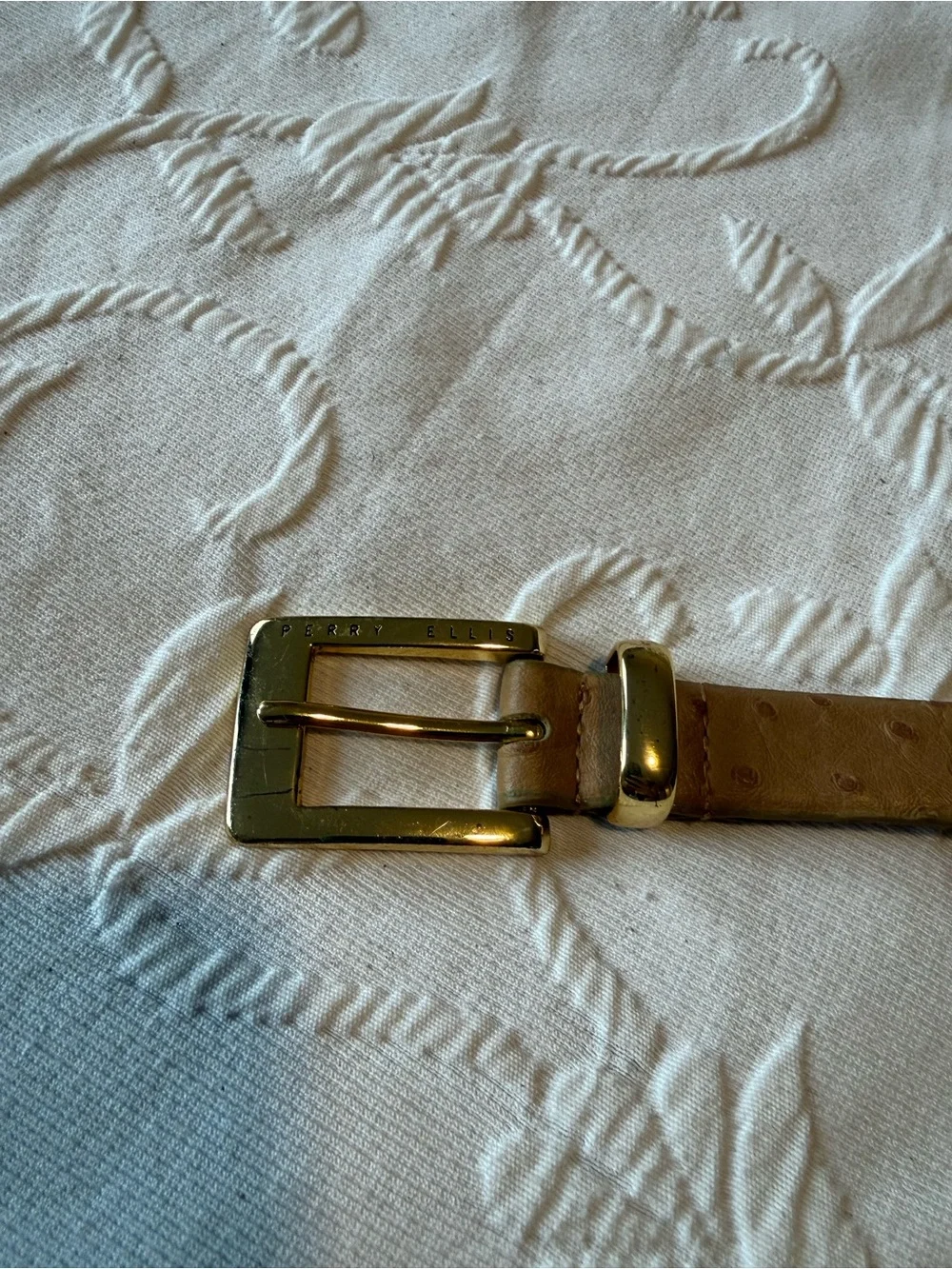 Perry Ellis Women’s Tan Ostrich Embossed Leather Belt Gold Buckle M